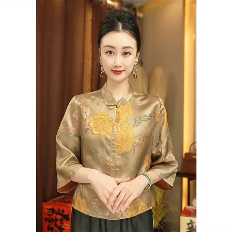 中国风复古香印花衬衫女春夏新款中式阔太太宽松显瘦上衣