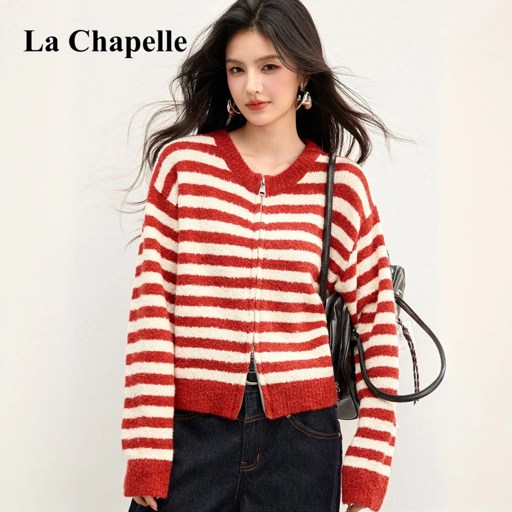 拉夏贝尔圈圈绒吸睛好运红色毛衣女条纹秋冬撞色短款时尚上衣外套