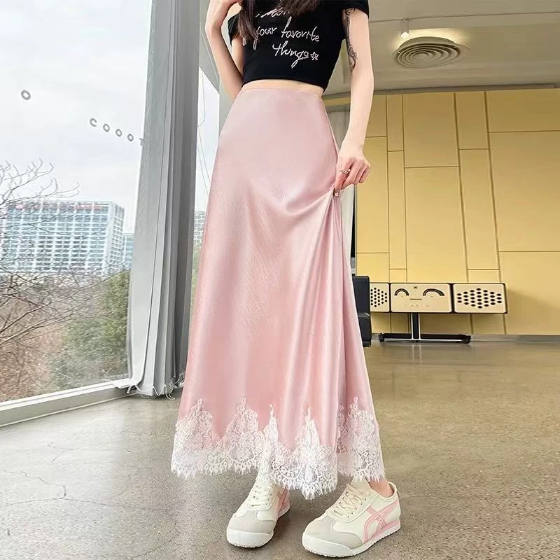 蕾丝花边拼接醋酸缎面半身裙女高腰垂感A字遮胯包臀长裙伞裙