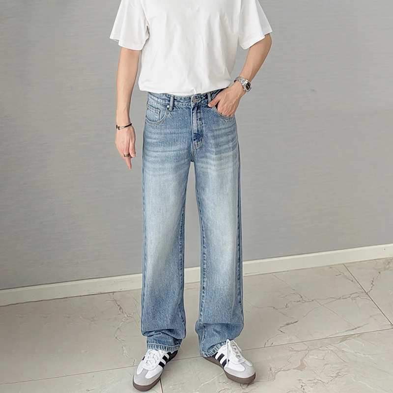 朱渣渣夏季浅蓝色垂感牛仔裤男薄款猫须百搭休闲韩版直筒裤子潮牌