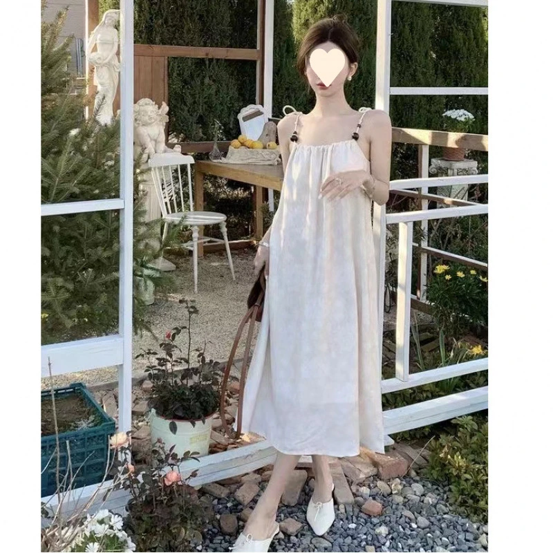 夏季新款收腰新中式白色气质法式优雅古着吊带连衣裙绑带性感纯欲