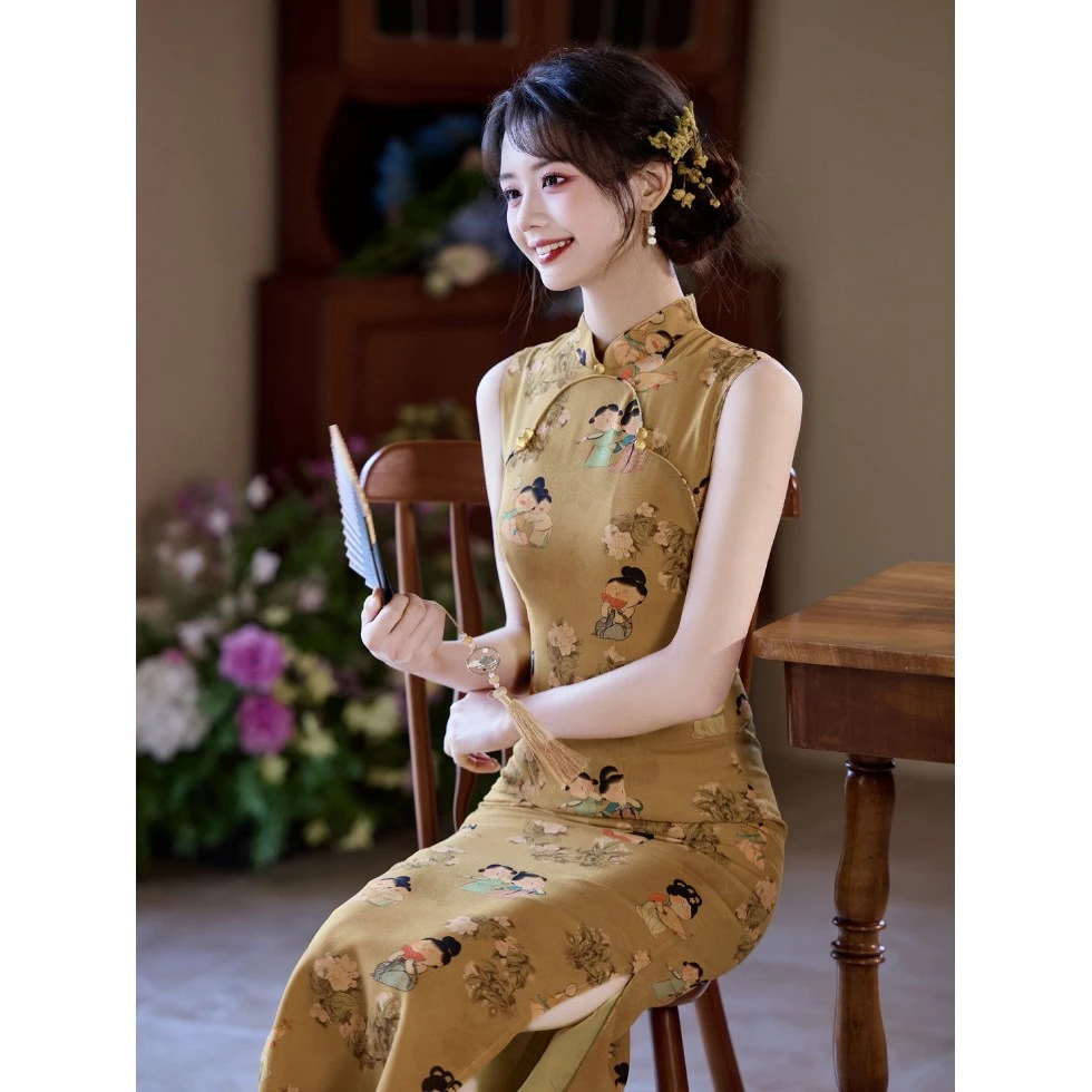 画报夫人无袖旗袍轻款少女新款新中式连衣裙夏季修身黄色上班可以