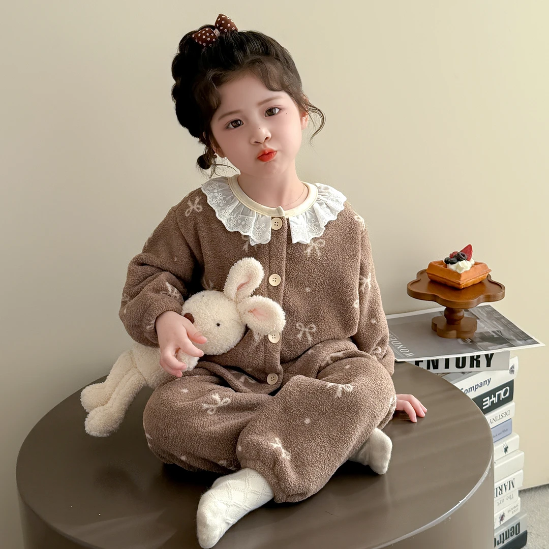 女童睡衣秋冬季法兰绒加厚珊瑚绒2025新款儿童女孩花边家居服套装