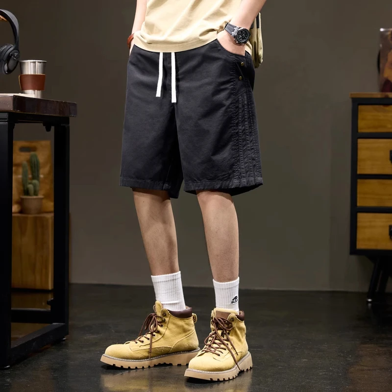 复古设计感条纹拼接纯棉短裤男士夏季潮牌宽松休闲五分裤洗褪中裤