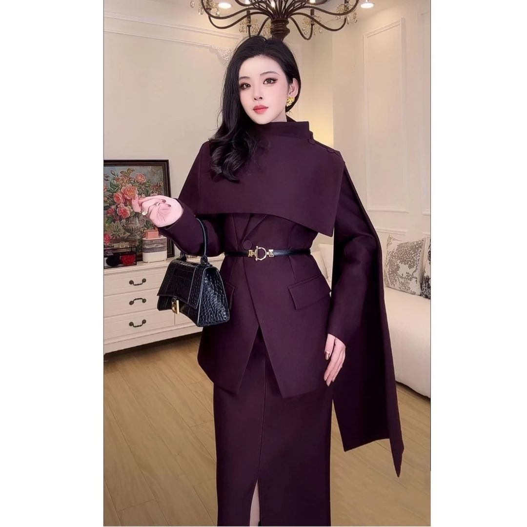【左可莎】新款设计感高端西服套装女春秋优雅披肩西装三件套裙女