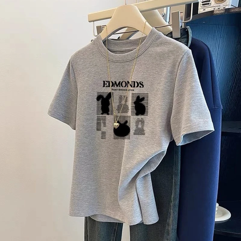 灰色正肩纯棉短袖t恤女2025新款时尚百搭减龄休闲上衣基础款夏季