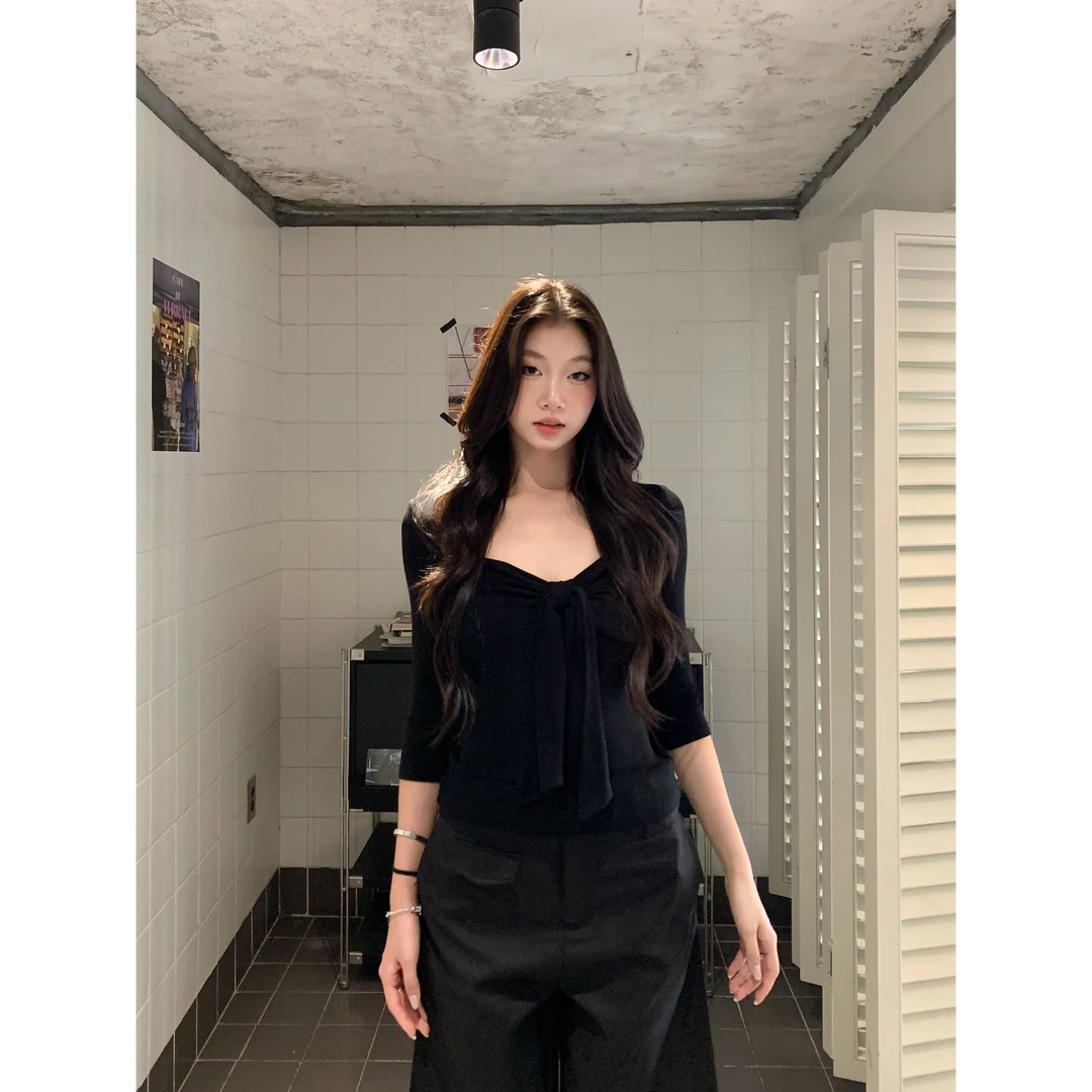 withmin凉皮 栀子清茶 百搭休闲中袖蝴蝶结辣妹T恤上衣女2523710