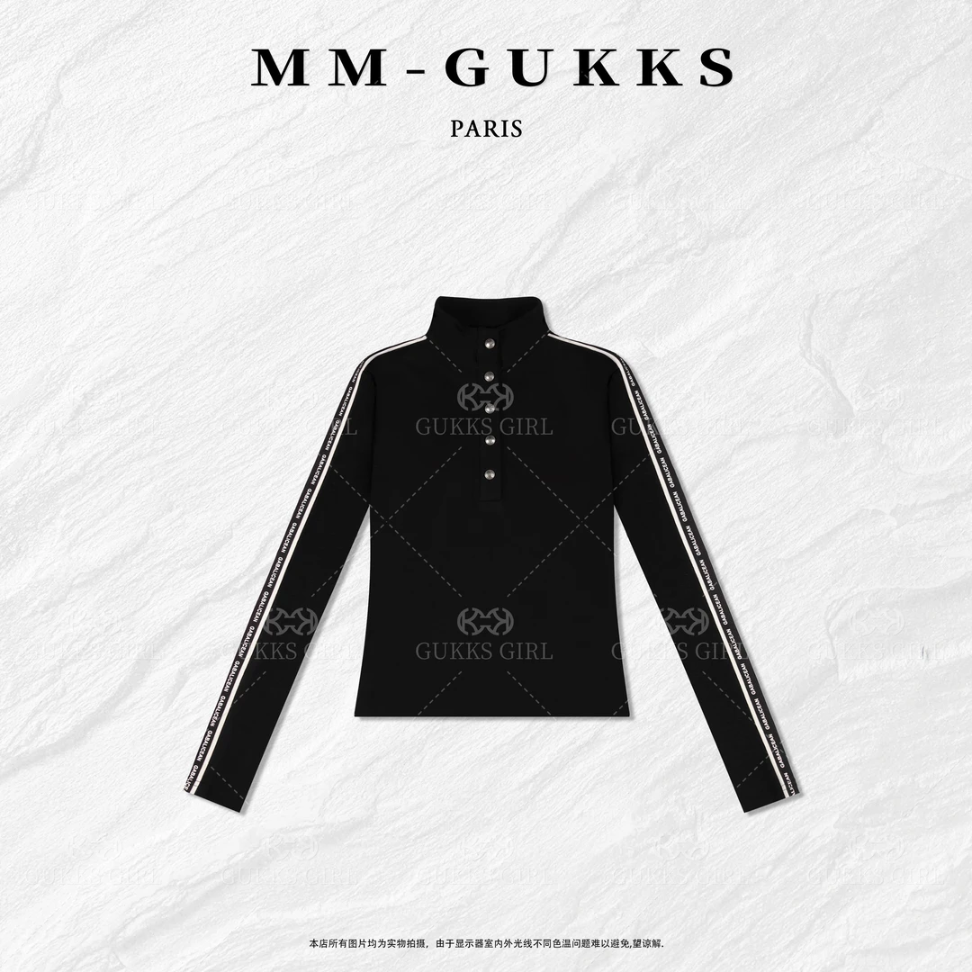 明明GUKKS『吸引力』秋季高定纽扣半开领织带长袖打底衫翻领上衣
