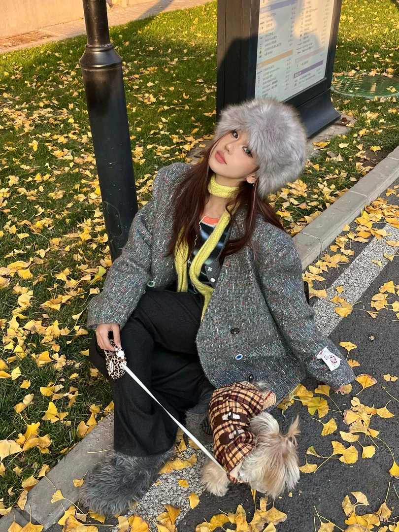 YANAG彩点粗花呢无领双排扣西装时尚休闲宽松外套