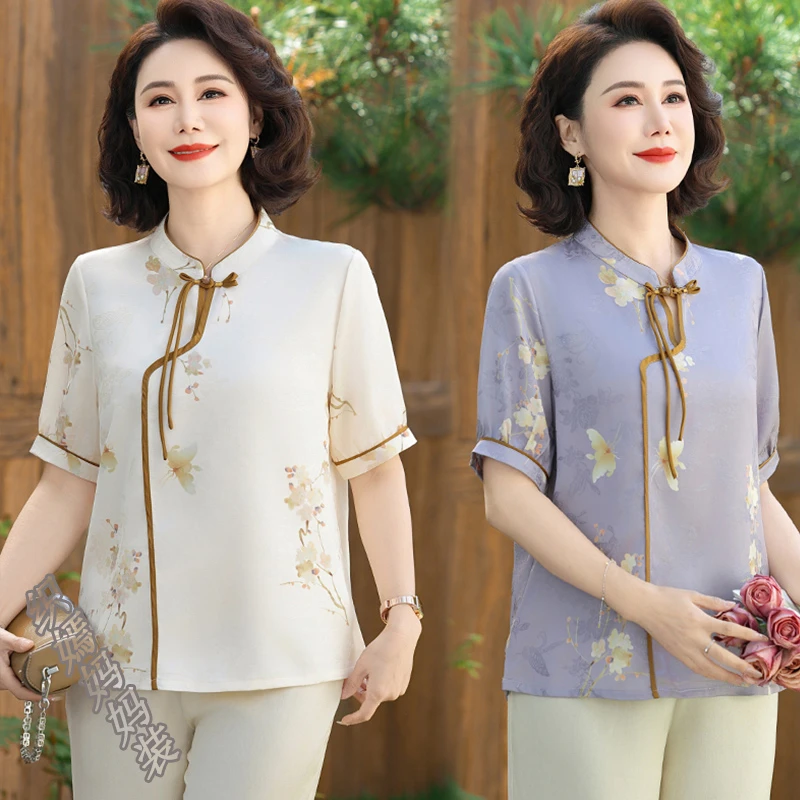 2025新款妈妈夏装新中式薄款洋气衬衫中老年女装时尚印花立领小衫