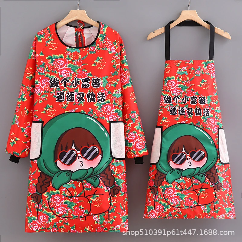 新款环保防水围裙长袖家用厨房做饭罩衣女士洋气民族风工作服成人