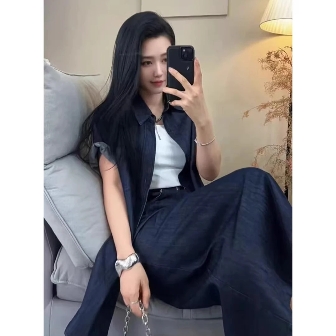 港风复古牛仔套装裙女装夏季新款高级感短袖衬衫高腰半身裙两件套