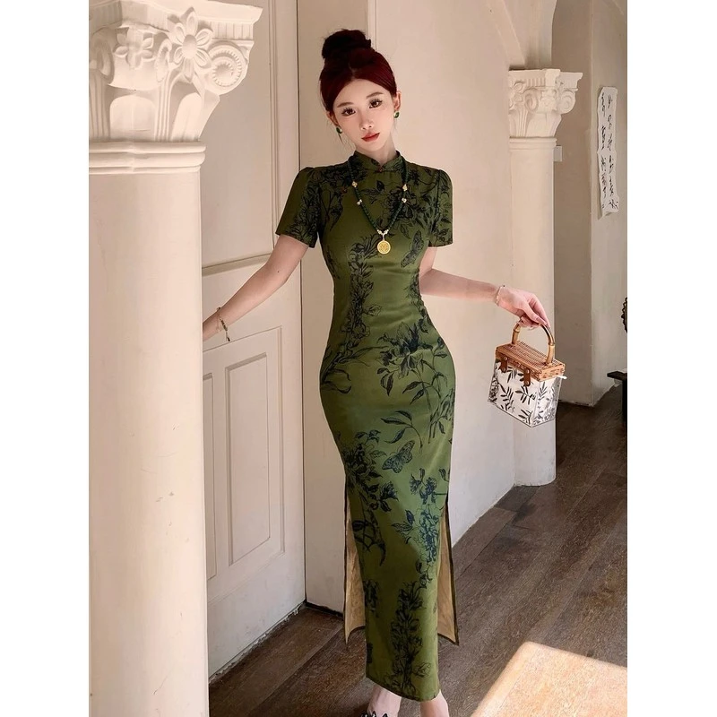 画报夫人丹青客新中式绿色提花改良复古短袖时尚中长款气质短袖旗