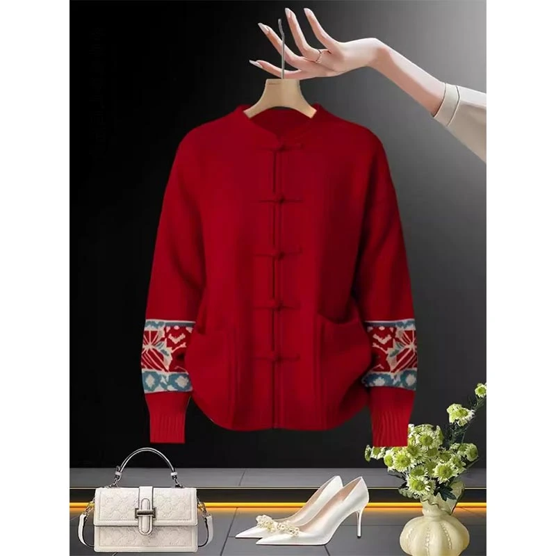 新年战袍毛衣女款2025款网红款中国风长袖毛衣盘扣长袖针织衫春秋