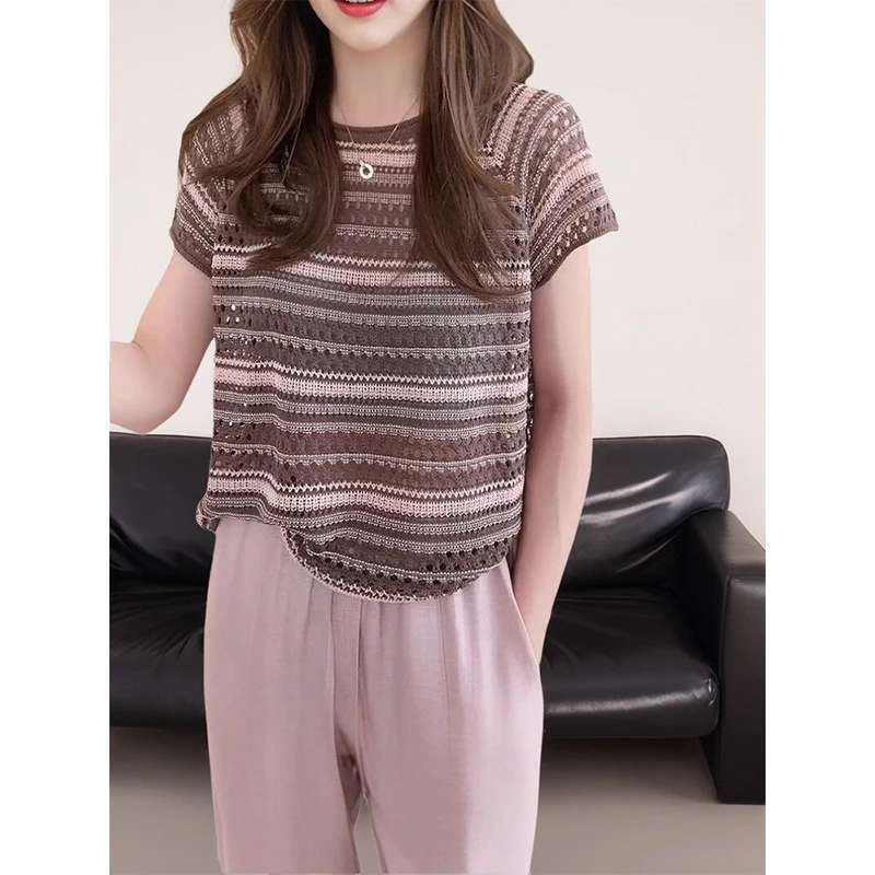 2025新款洋气设计感镂空撞色短袖针织衫LK2503107
