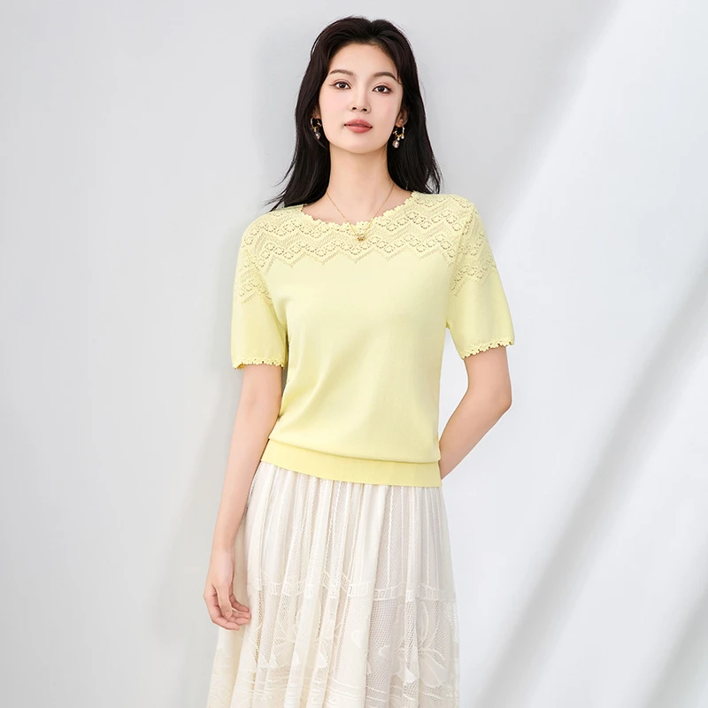 洋气百搭精致镂空圆领花纹短袖针织上衣减龄显瘦