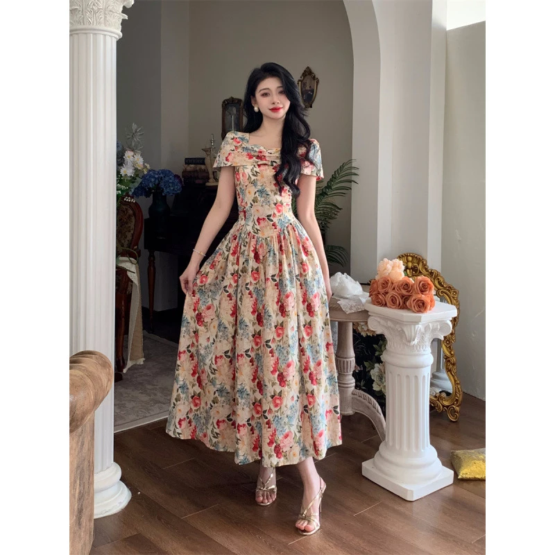 茶歇法式复古碎花收腰显瘦胖MM夏季新款气质大码连衣裙