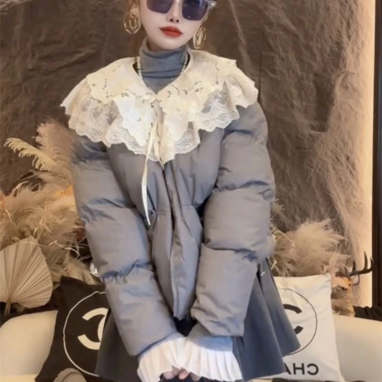 大码胖MM秋冬娃娃领加厚新款韩版减龄蕾丝娃娃领修身短款女士棉服