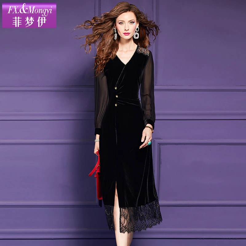 菲梦伊蕾丝拼接丝绒秋冬刺绣定制新款高贵长袖时尚连衣裙60103