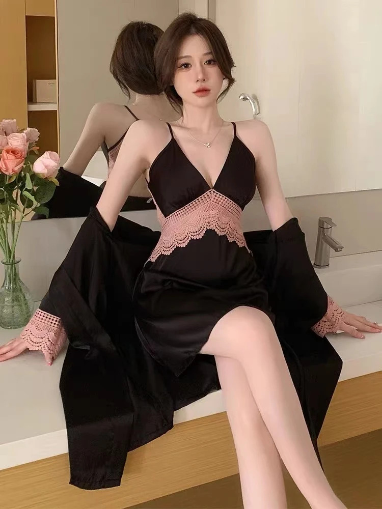 大码气质显瘦纯欲风性感拼接蕾丝系带露背薄款睡衣睡裙套装网红