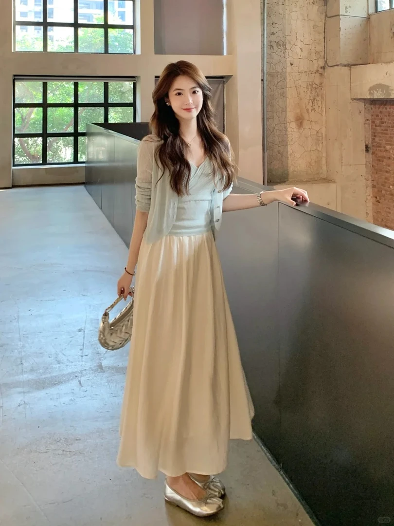 春夏搭配一整套韩版甜美减龄温柔休闲薄款吊带开衫半身裙三件套女
