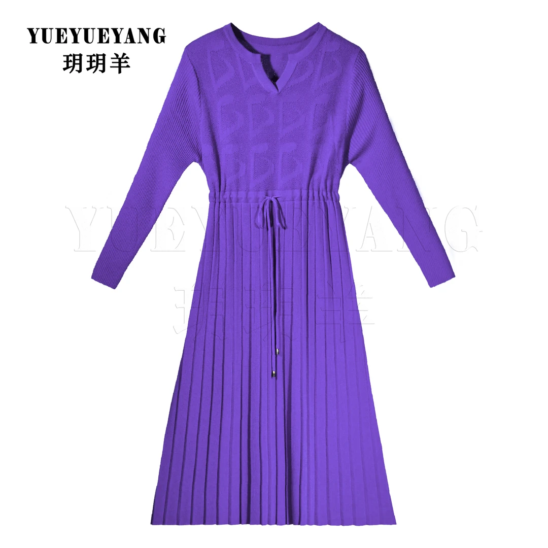 5604紫色气质设计师秋冬长款提花轻奢针织连衣裙显瘦时尚收腰