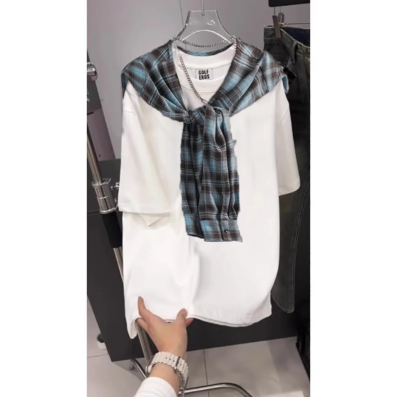 格子披肩假两件短袖男款夏季设计感小众t恤重磅情侣宽松五分半袖