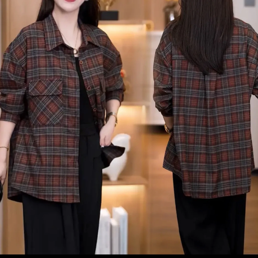格子衬衣韩版女装2025秋季气质长袖宽松洋气百搭上衣显瘦衬衫873