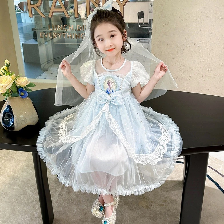 女童夏季爱莎公主连衣裙女孩洋气短袖透气公主裙儿童童装网纱裙
