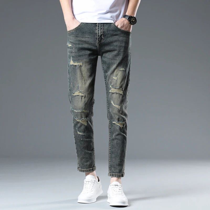 【2高端轻奢】秋冬款破洞时尚潮流修身弹力小直筒男士牛仔裤