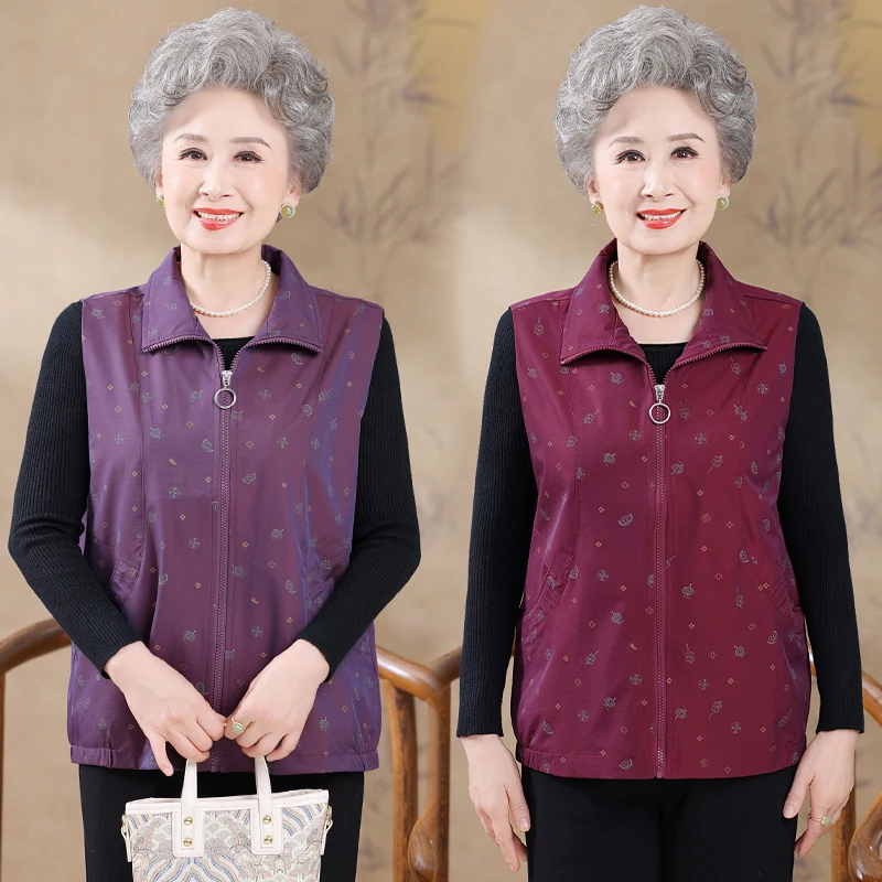 妈妈秋季背心外套新款翻领马甲中老年人女装上衣服奶奶装秋装马夹