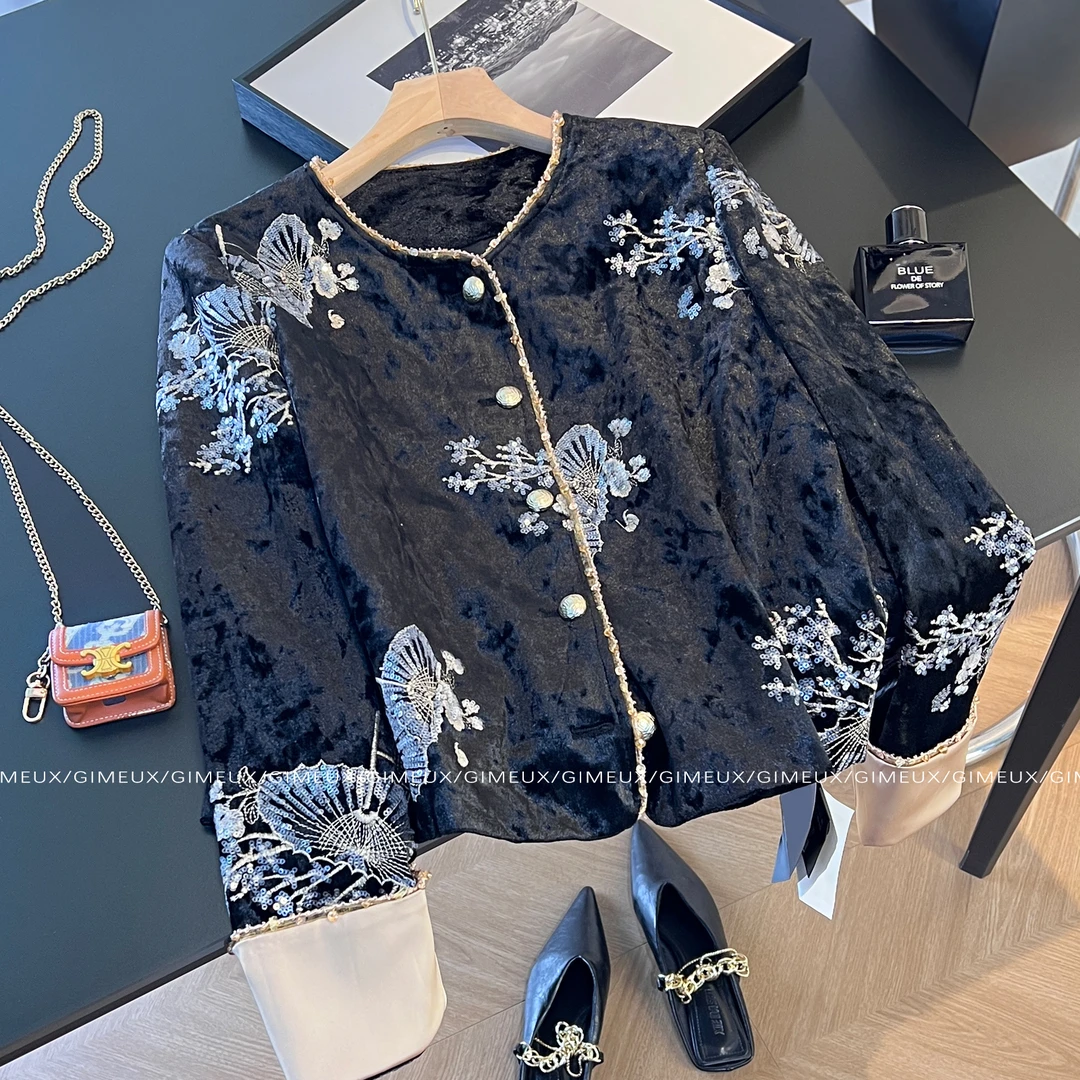 新中式重工亮片刺绣国风短外套女2025新款轻奢高级感复古丝绒上衣