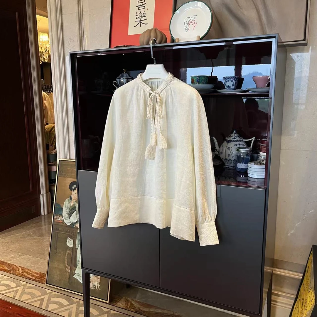 MYL 2024春夏新品丝麻白色衬衫圆领长袖休闲宽松系带时尚上衣
