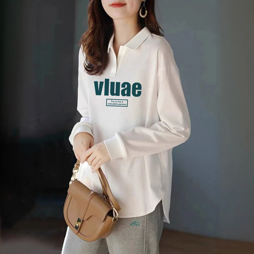 秋季POLO领显瘦减龄上衣韩版中长款白色长袖t恤印花打底衫女士