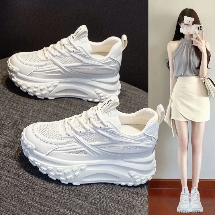 爆款老爹鞋女2025春季新款网鞋网面休闲运动小白鞋百搭厚底旅游鞋