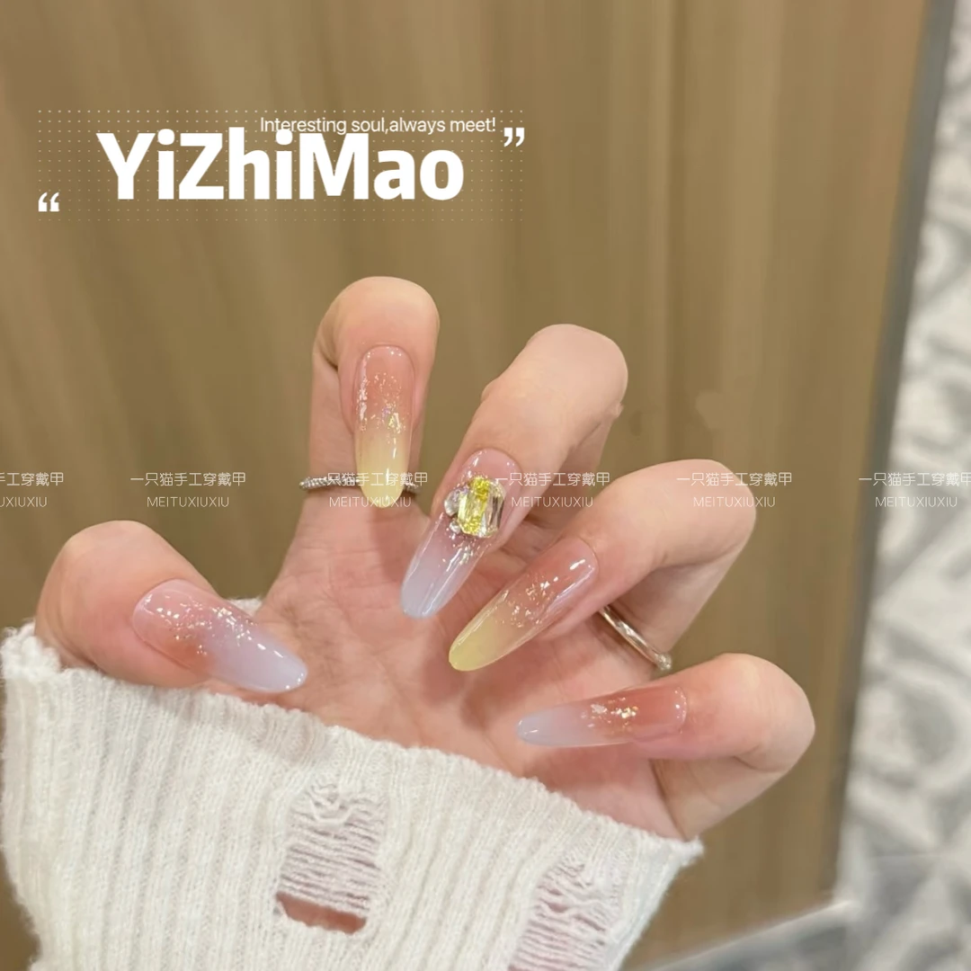 【奶油糖果】春日靓色可爱腮红银紫黄色美甲渐变纯手工穿戴甲可拆卸