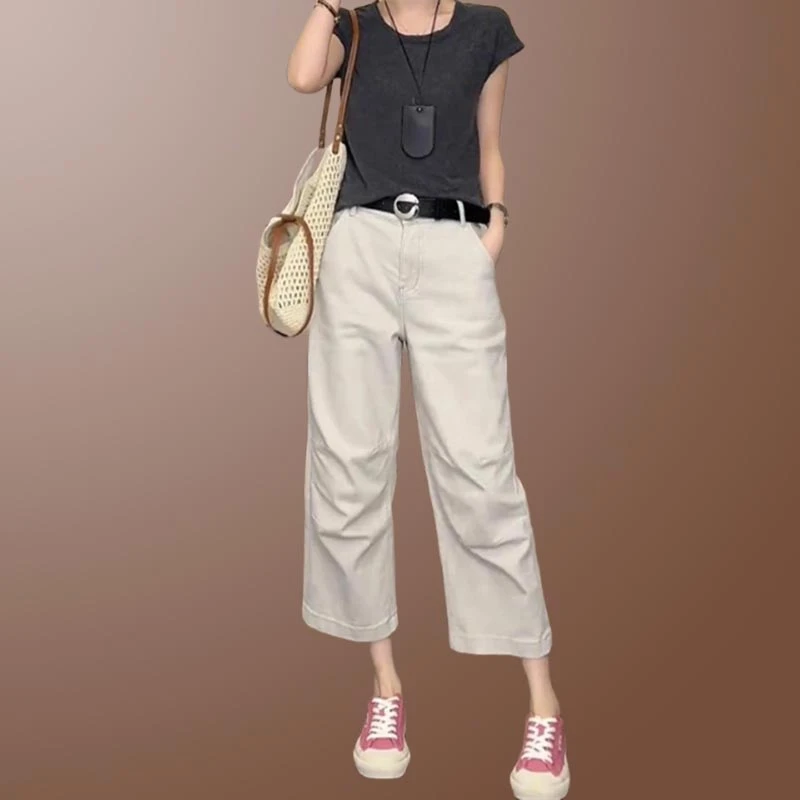 香朵儿洋气百搭慵懒风休闲裤2025年夏季新款直筒简约舒适九分裤女