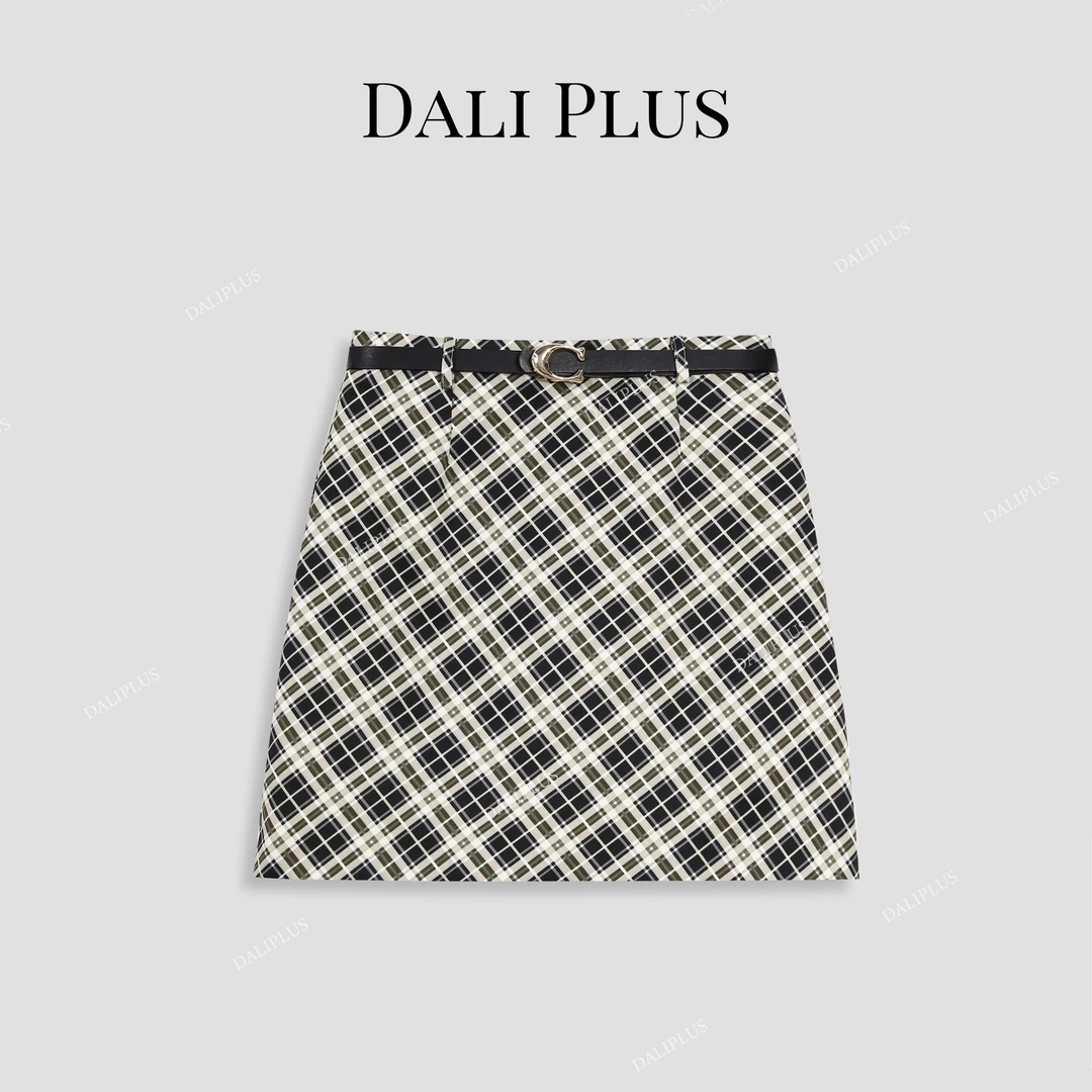 DALI PLUS春日设计感斜格黑白绿纹高腰重工腰带半裙-D5SS1008