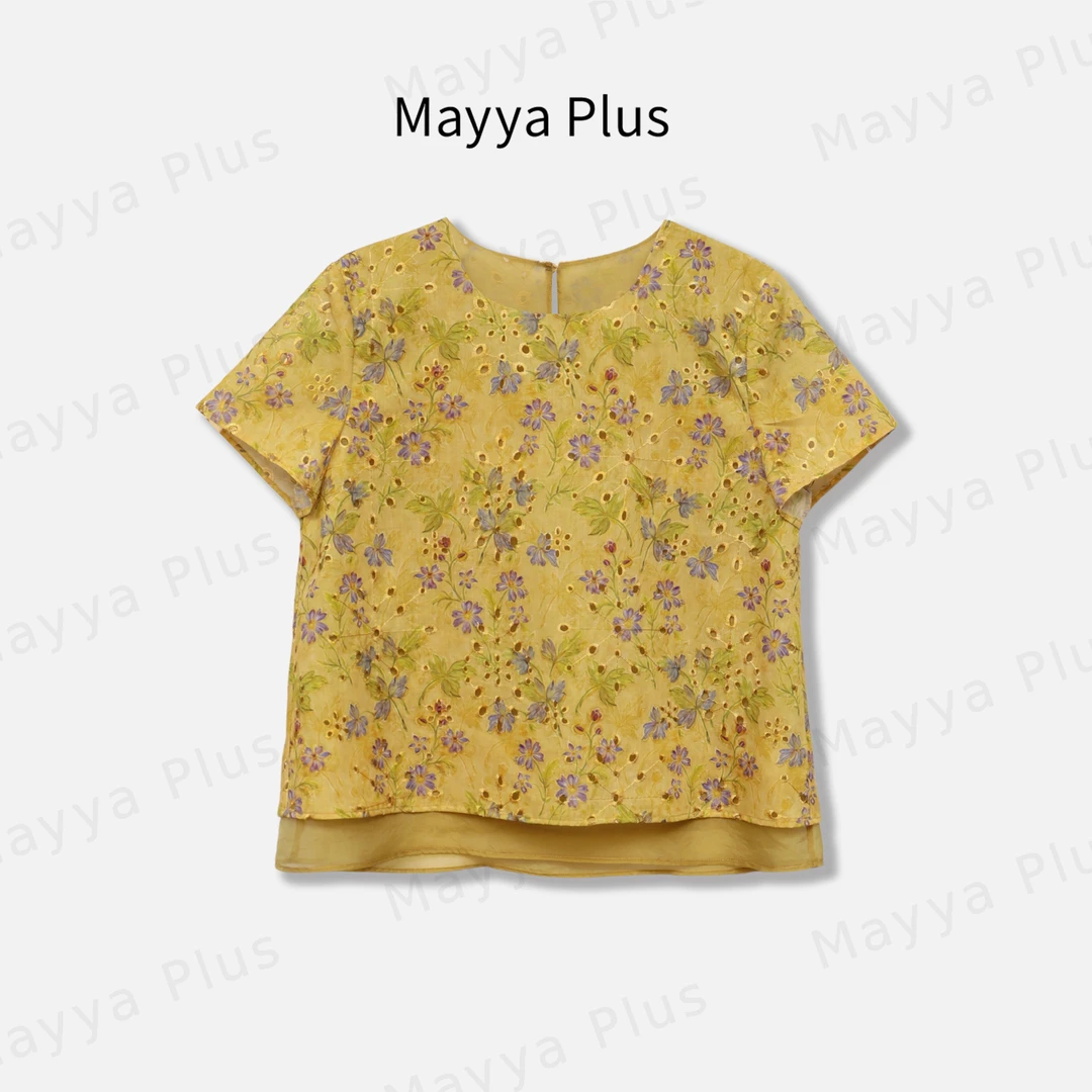 【杏花雨】Mayya Plus麦芽定制轻奢刺绣袖圆领上衣短袖衬衫32528251