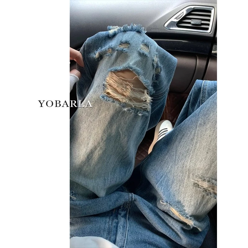 复古蓝破洞直筒牛仔裤女秋季新款高腰大码宽松显瘦梨型身材阔腿裤