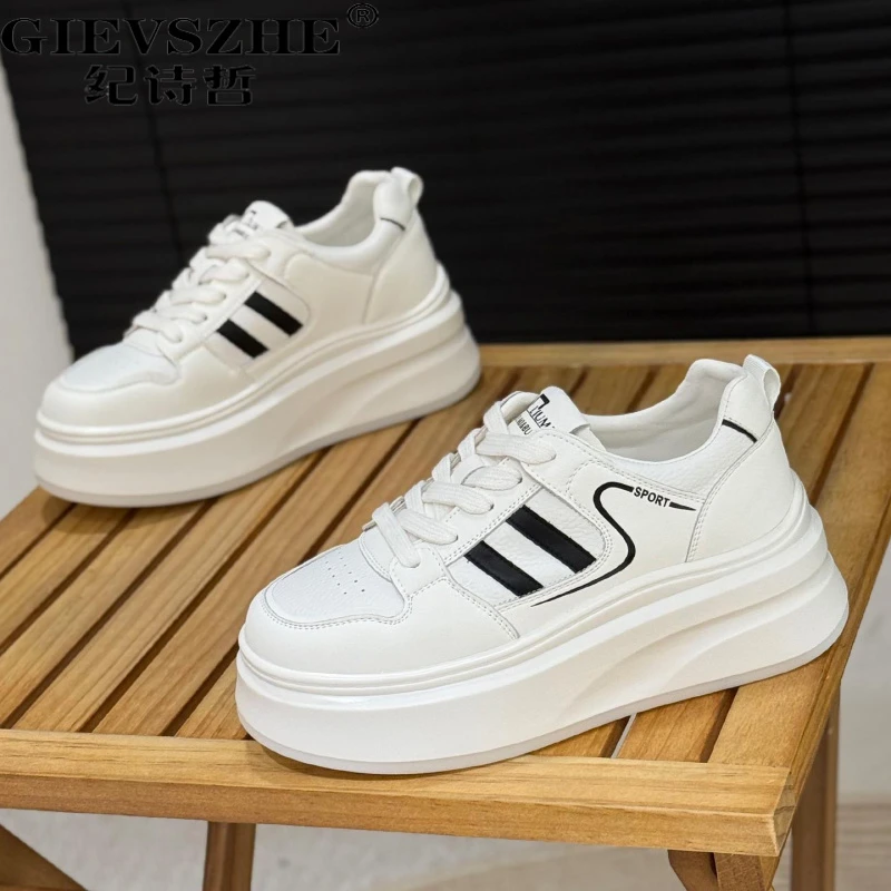 纪诗哲真皮厚底小白鞋女夏季新款时尚增高休闲板春夏厚底增高板鞋