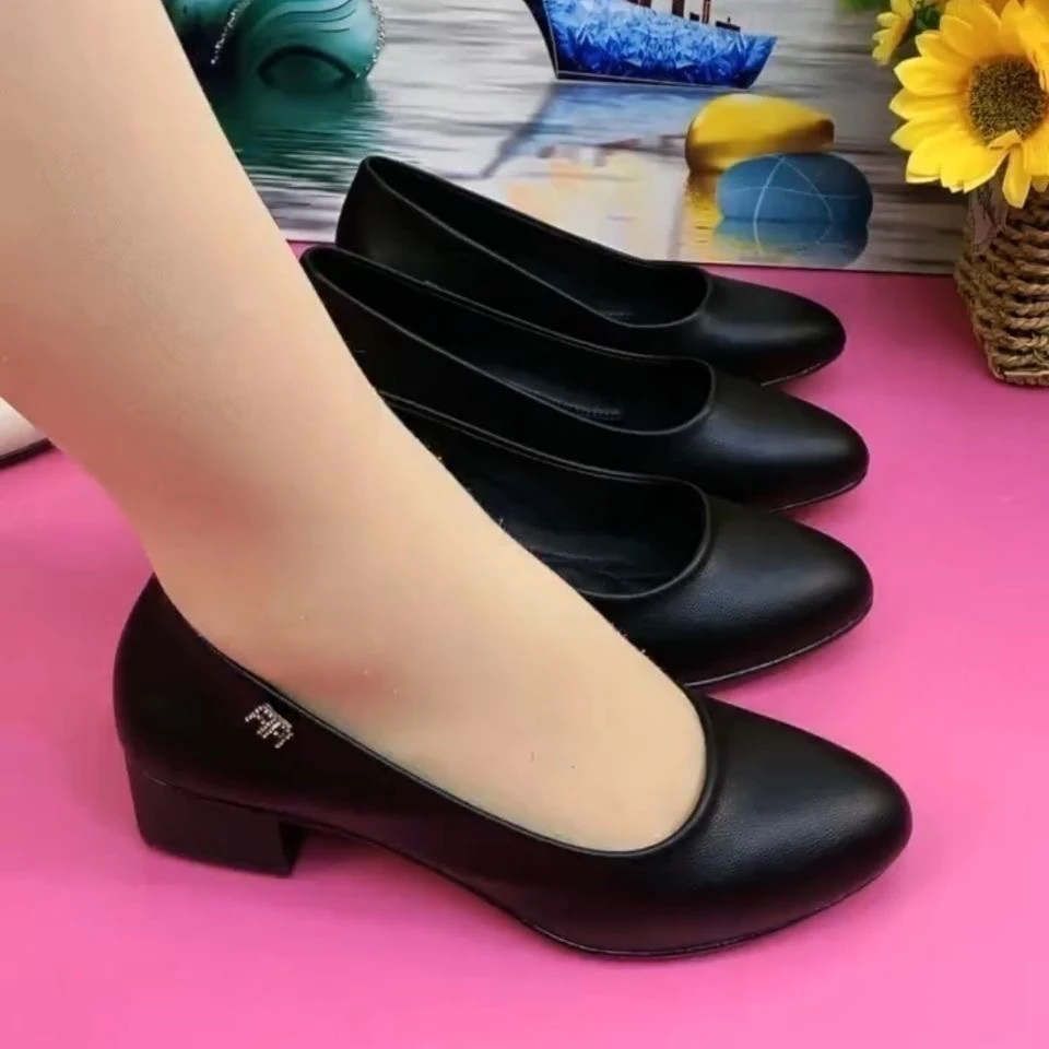 防滑粗跟中跟高跟套筒皮鞋妈妈鞋浅口单鞋水钻