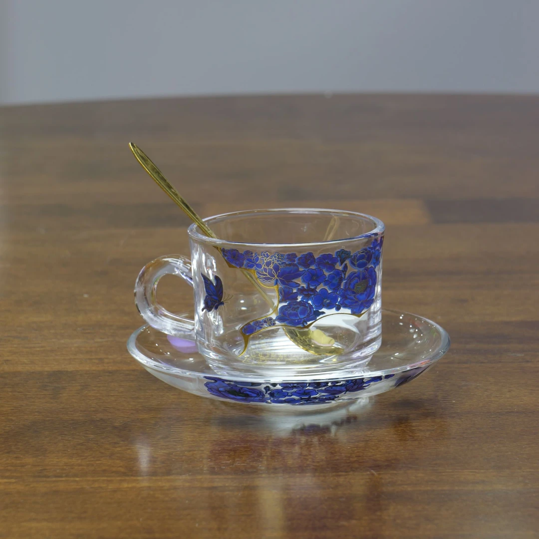 玻璃-蝶恋花变色咖啡杯（带勺子）@1247（xp）