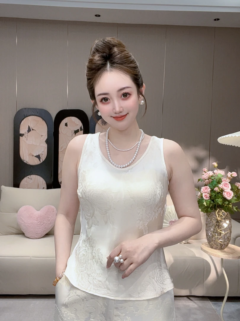 佳佳【牡丹】夏季新款中式缎面提花背心