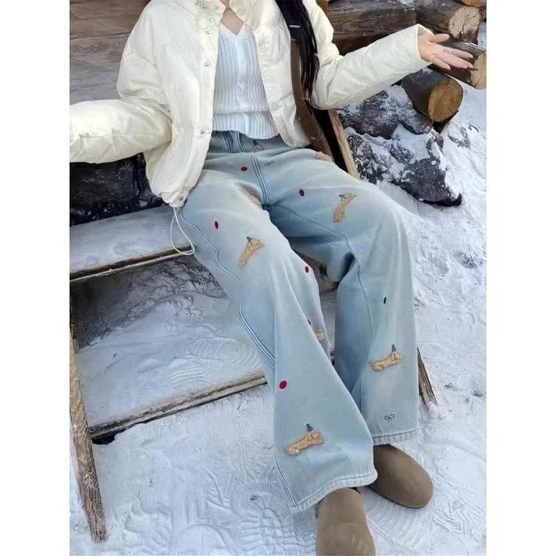 腊肠狗刺绣美式复古阔腿牛仔裤女2025春季新款高腰宽松显瘦拖地裤