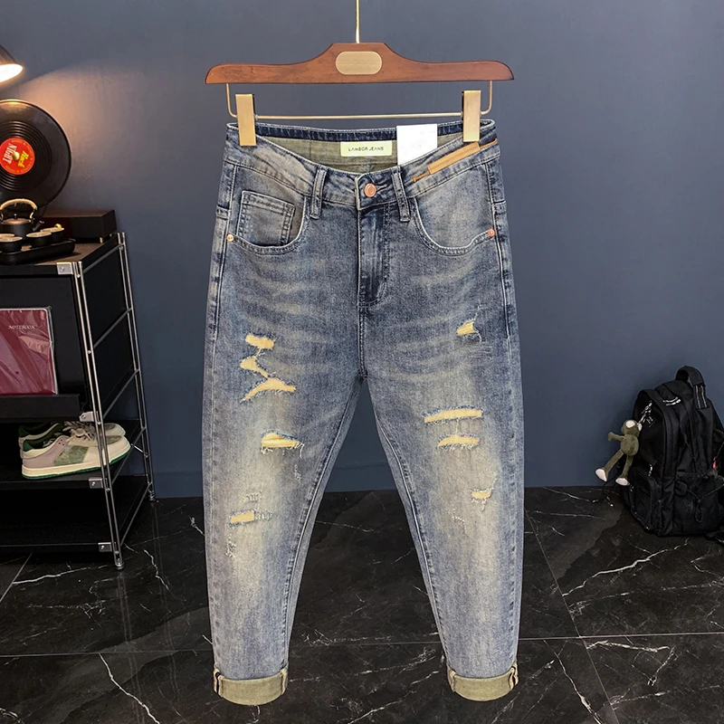 夏季薄款修身破洞牛仔裤男士2025新款小脚韩版潮流弹力九分裤子男