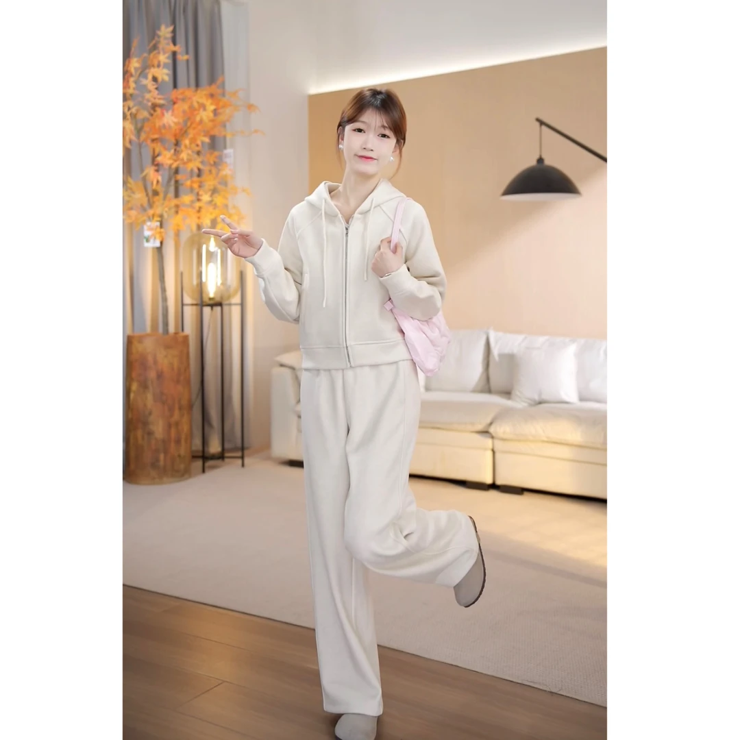 （现货）秋冬加绒长袖休闲宽松连帽百搭卫衣+裤子套装-YJ7060
