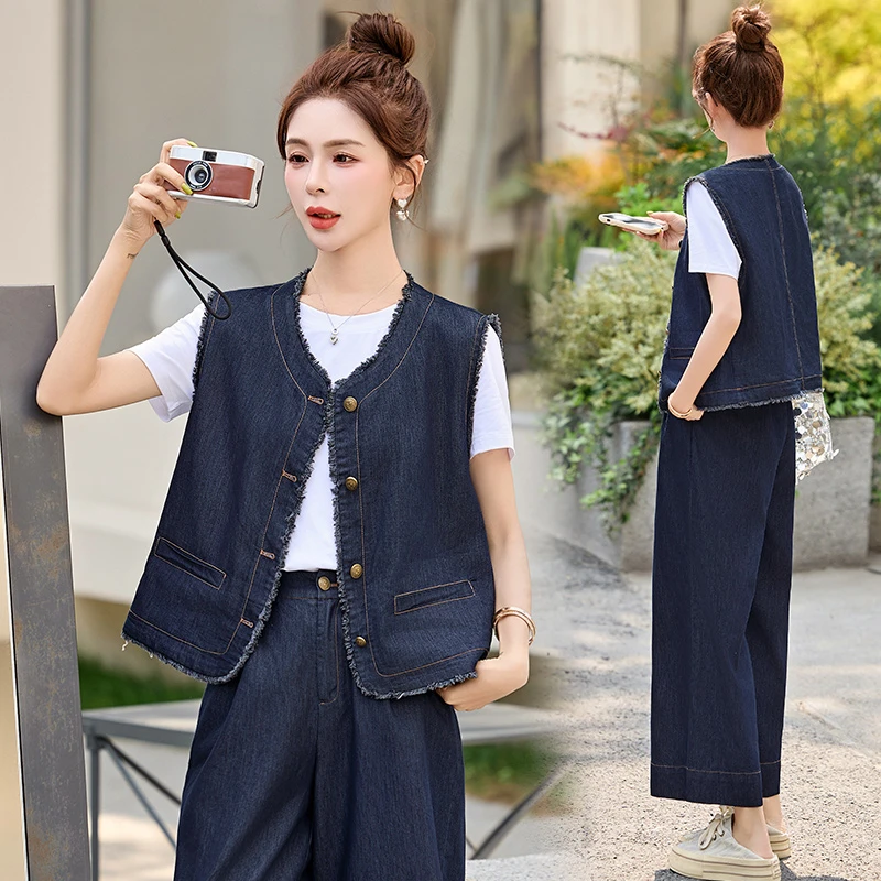港风时髦气质牛仔套装女2025春季新款小香风复古马甲阔腿裤两件套