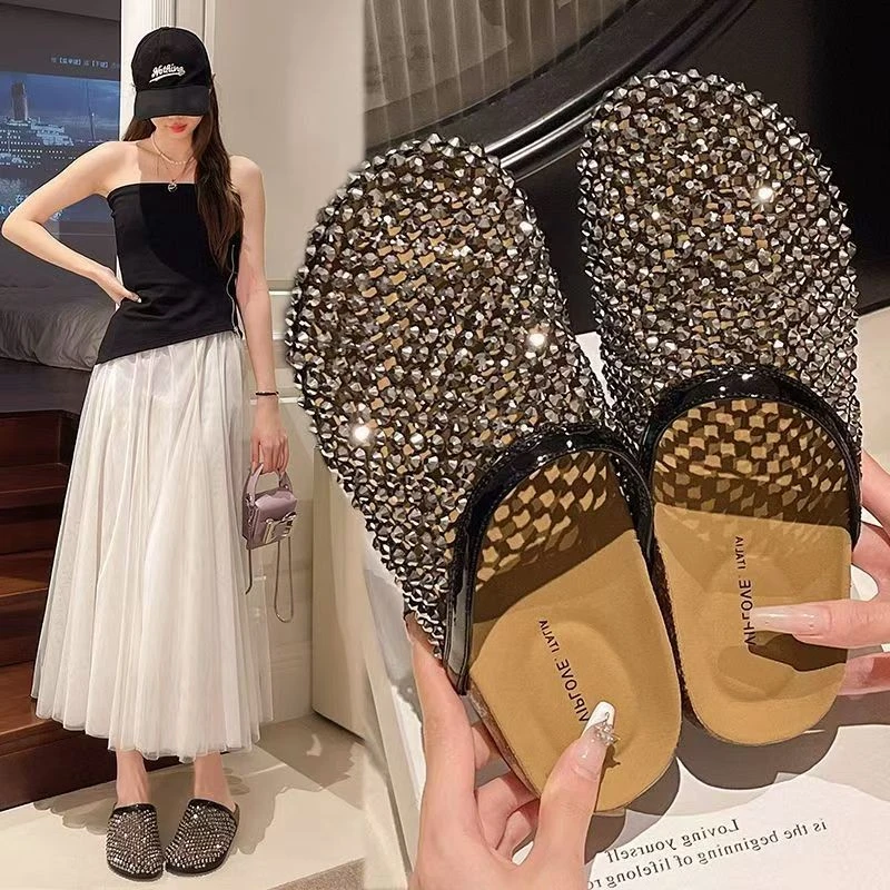 厚底勃肯鞋包头半拖鞋女夏外穿2025新款一脚蹬渔网水钻仙女风凉拖