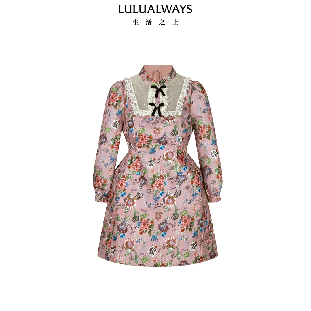 LULUALWAYS我爱露露25春季新款优雅收腰显瘦提花蕾丝拼接连衣裙女